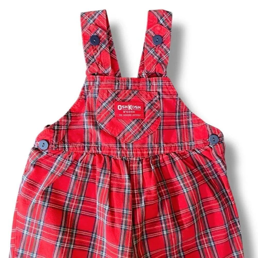 Vintage OshKosh B'Gosh Girls Overalls Sz 12 Month Red Plaid Bow Back Bubble Xmas